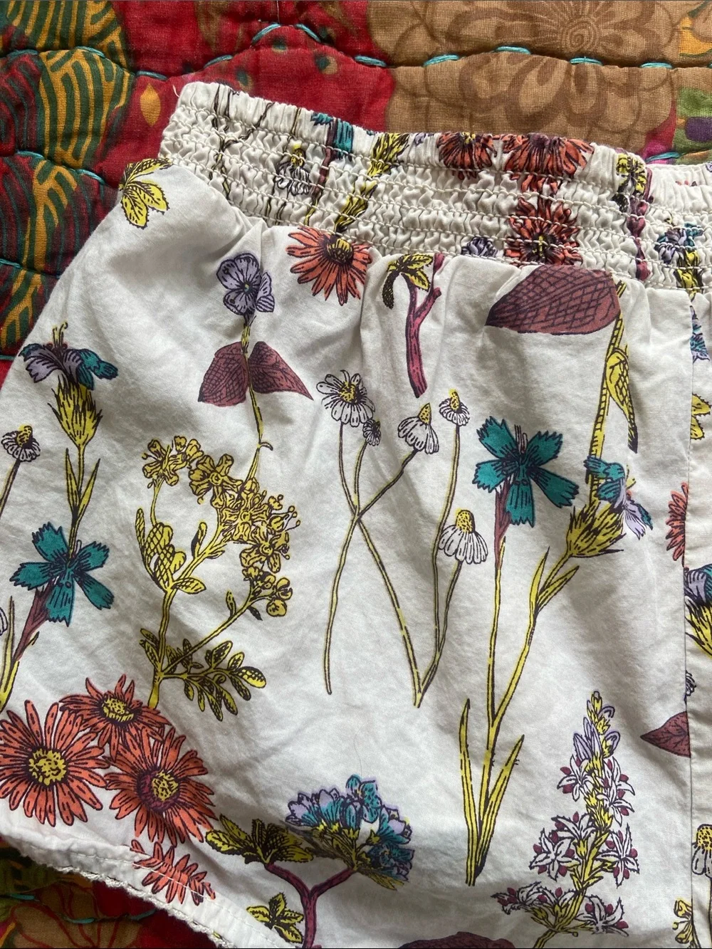 Anthropologie White Floral-Print Elastic Waist Cotton Shorts XXS